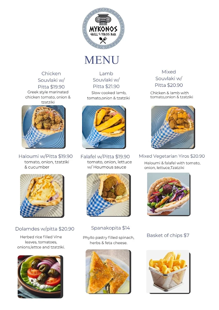 Menu, Mykonos Grill and Yiros Bar
