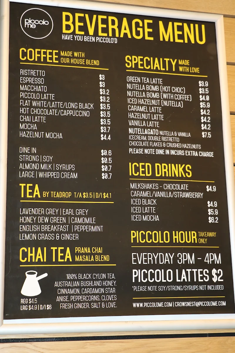 Menu, Piccolo Me Crows Nest