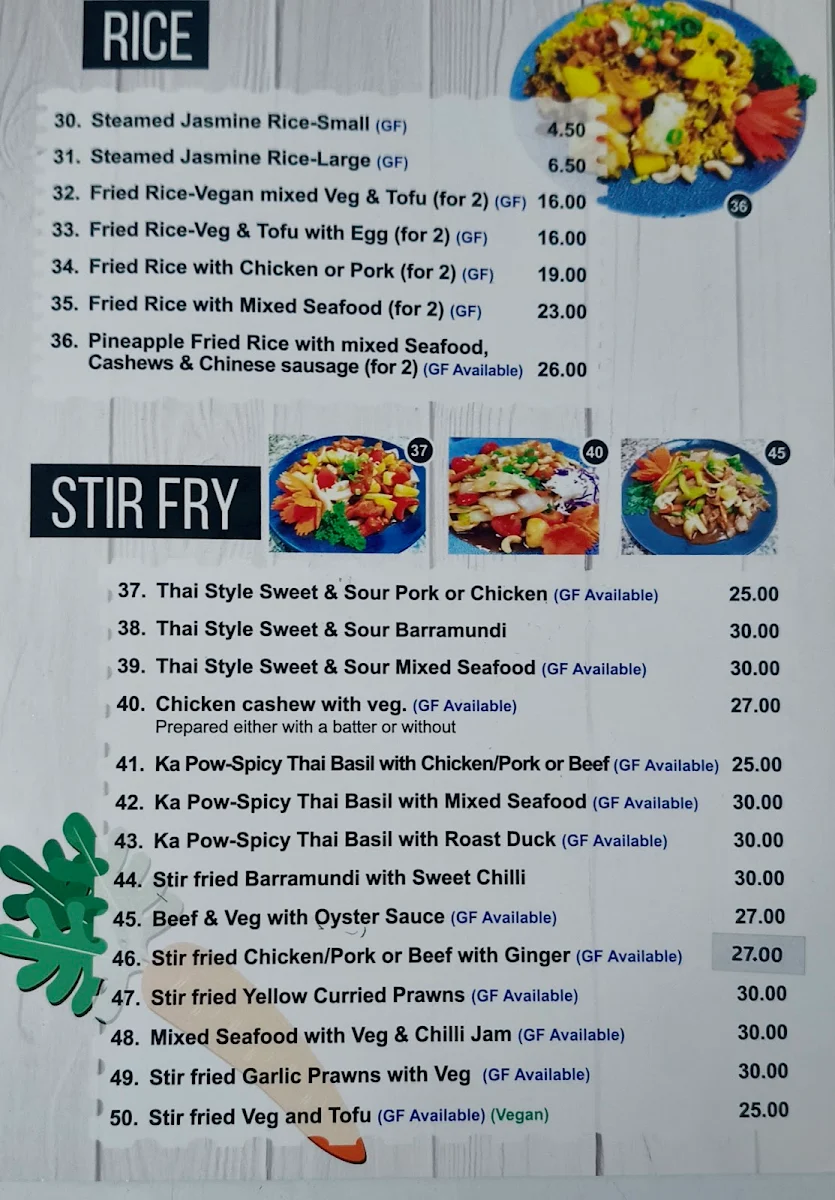Menu, Tasty Thai Restaurant Hervey Bay
