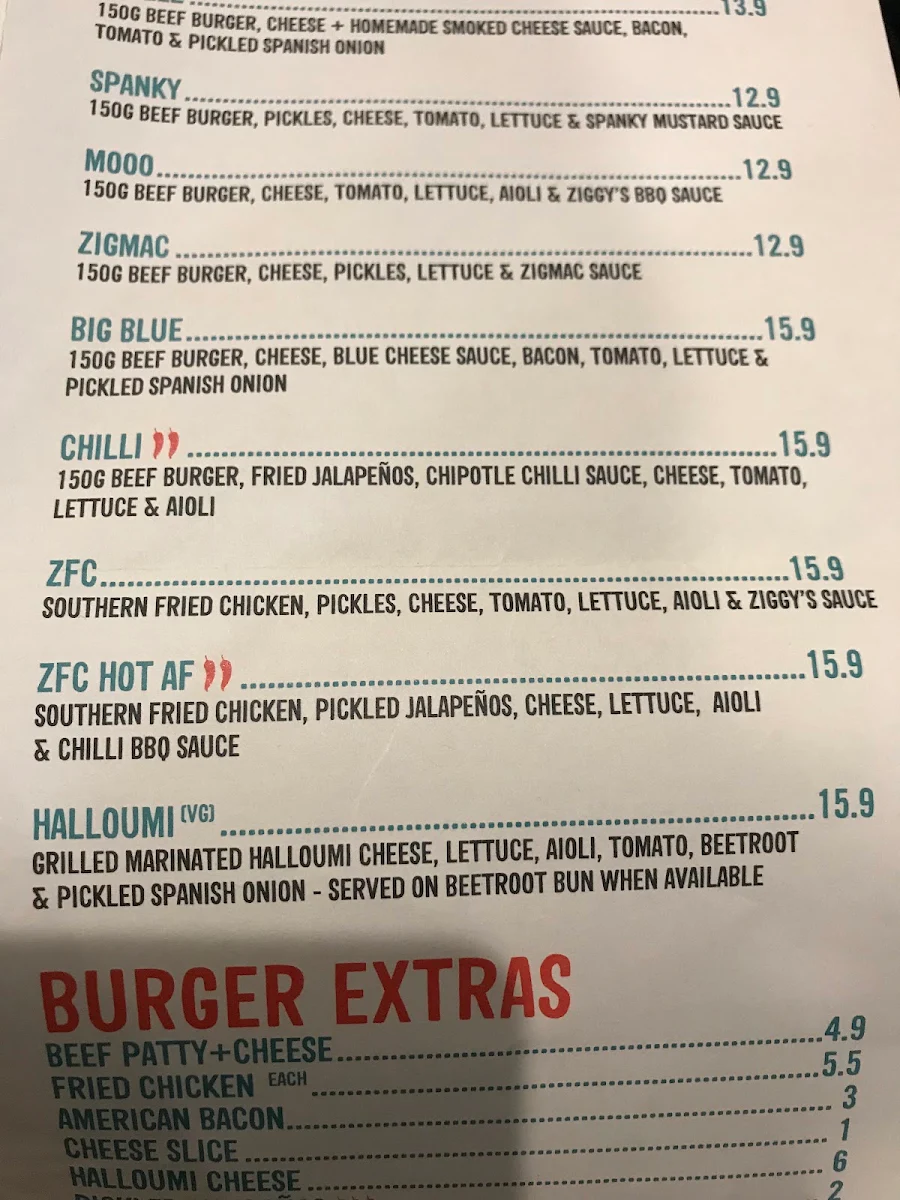 Menu, Ziggy's Eatery