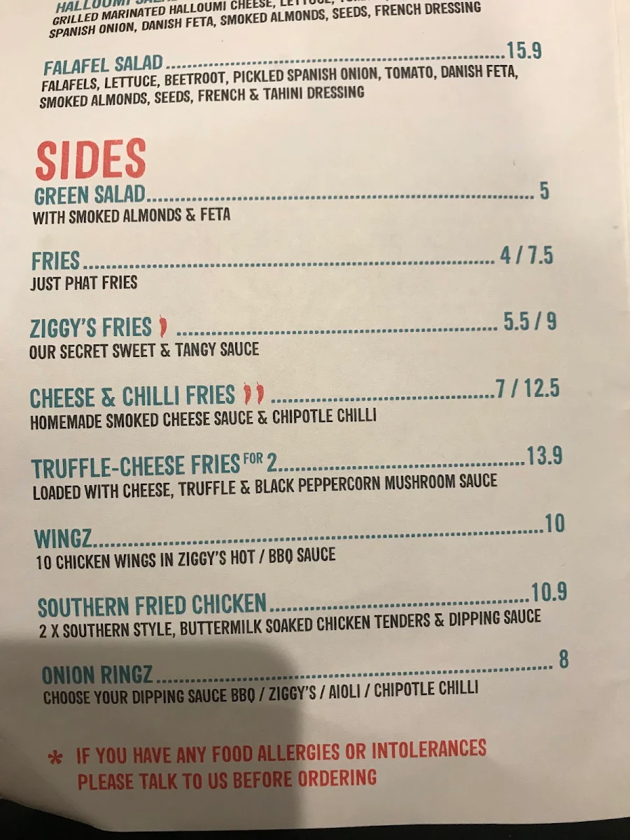 Menu, Ziggy's Eatery