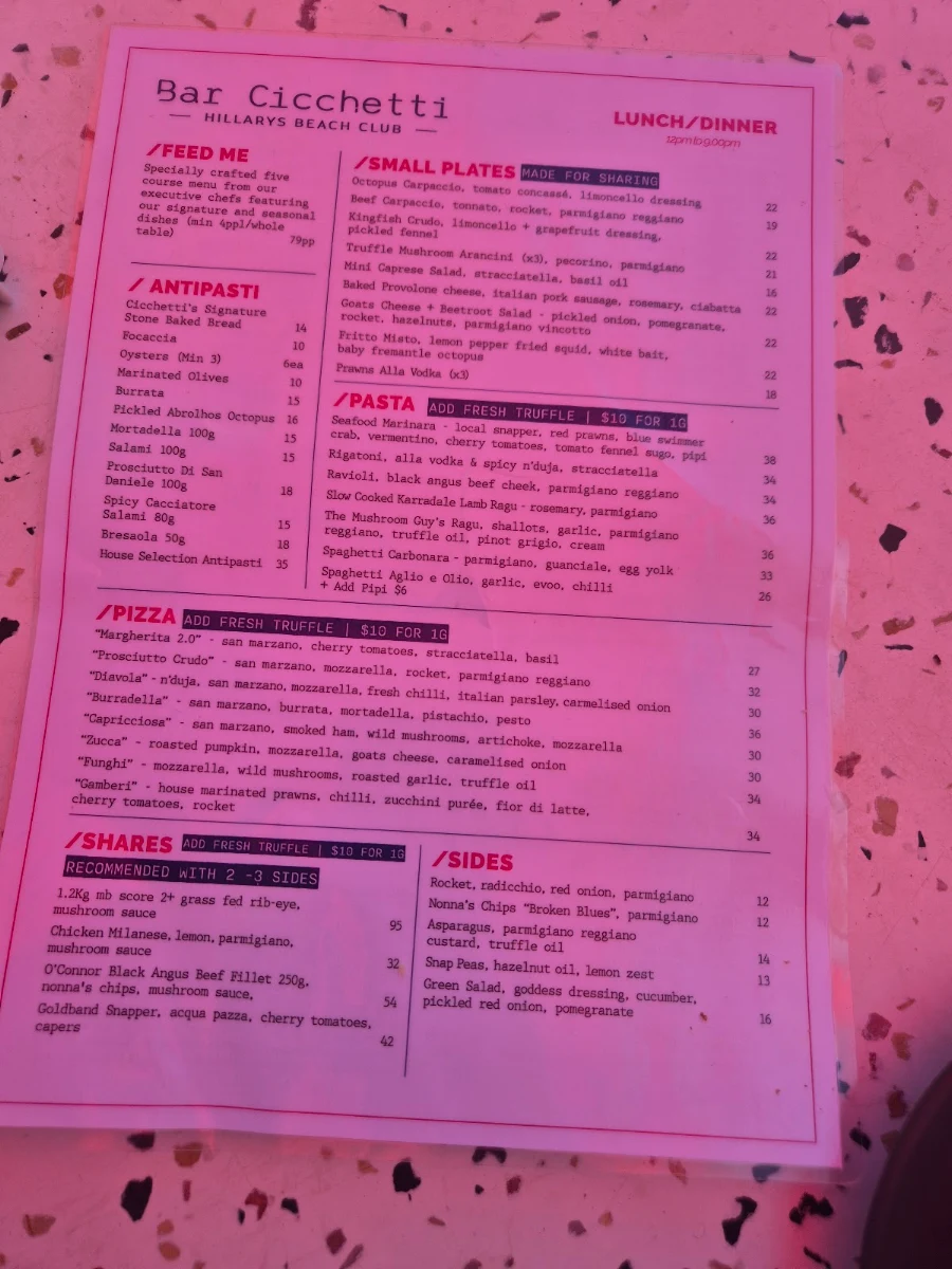 Menu, Hillarys Beach Club