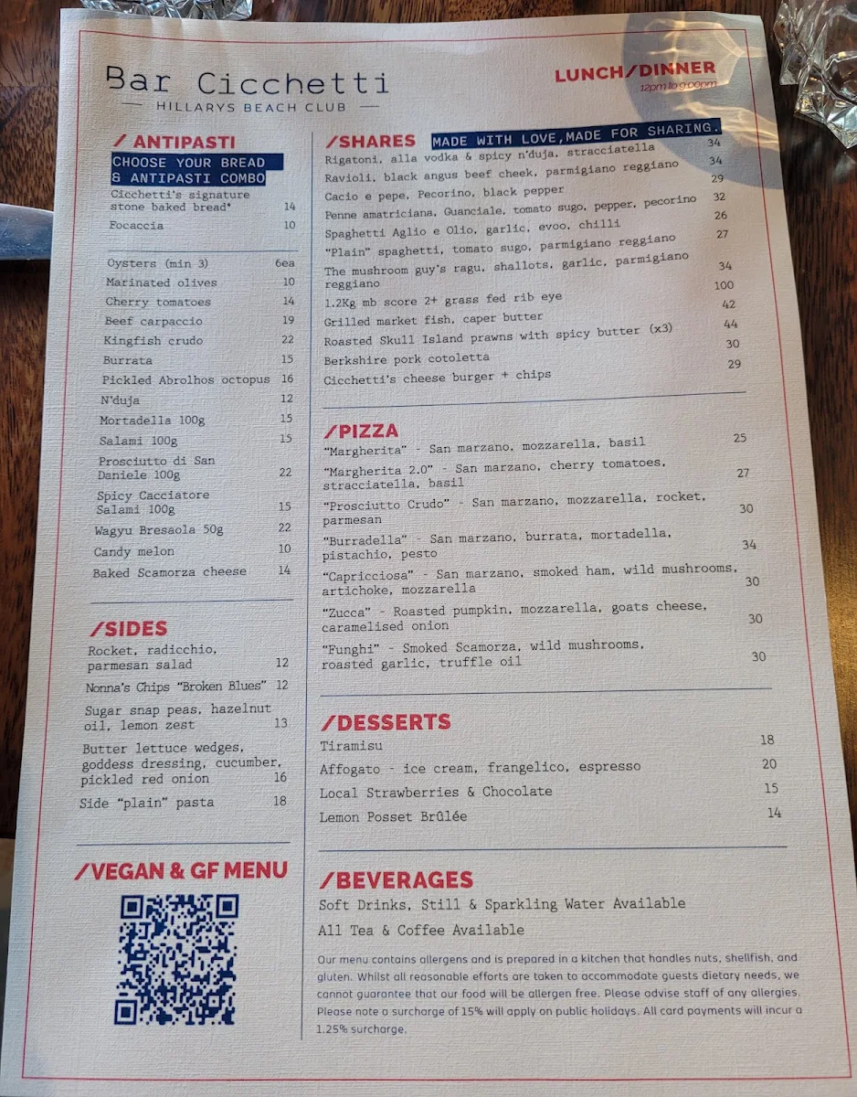 Menu, Hillarys Beach Club