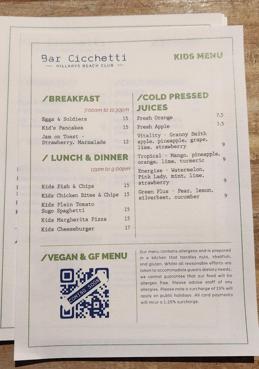 Menu, Hillarys Beach Club