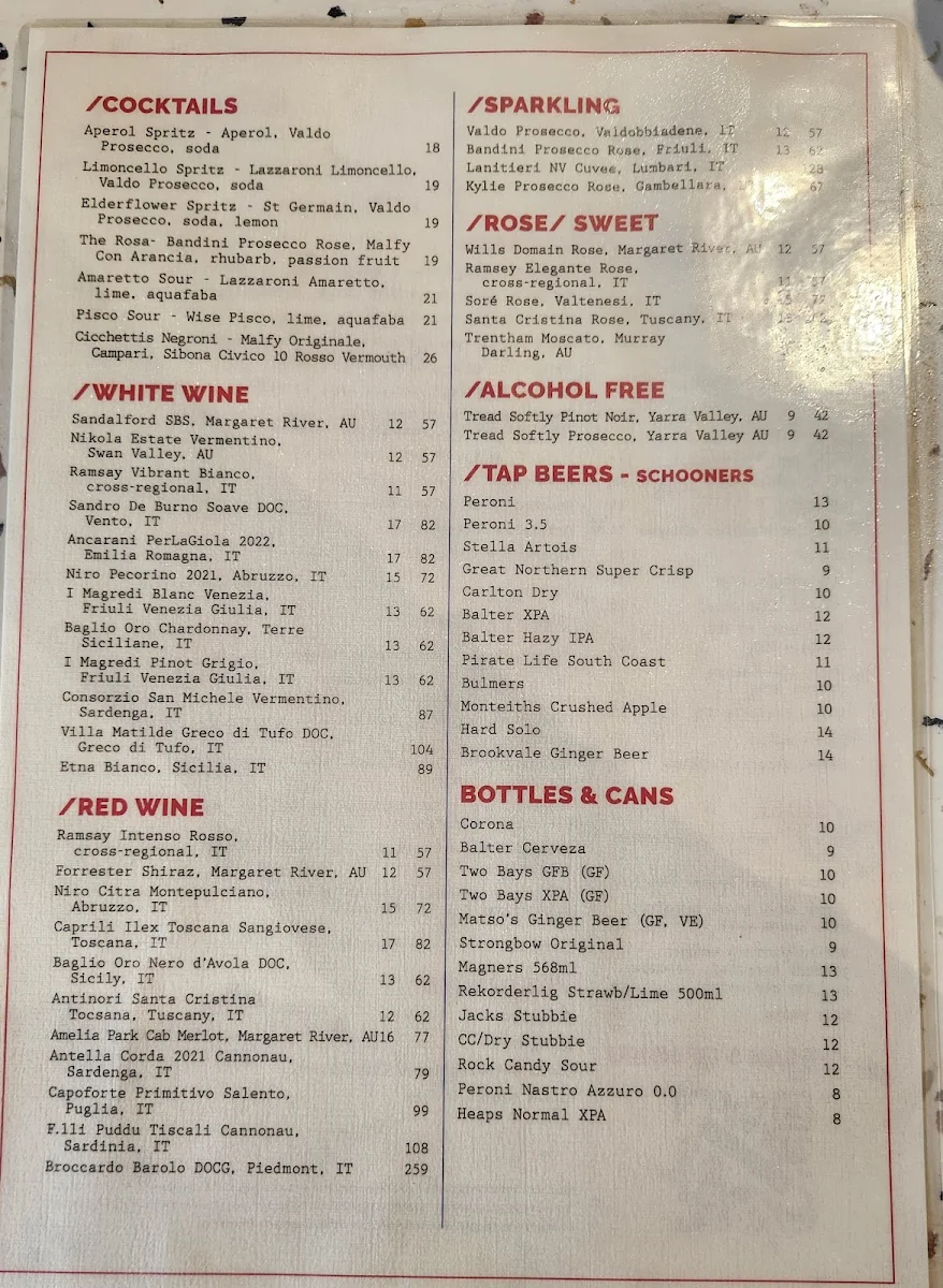 Menu, Hillarys Beach Club