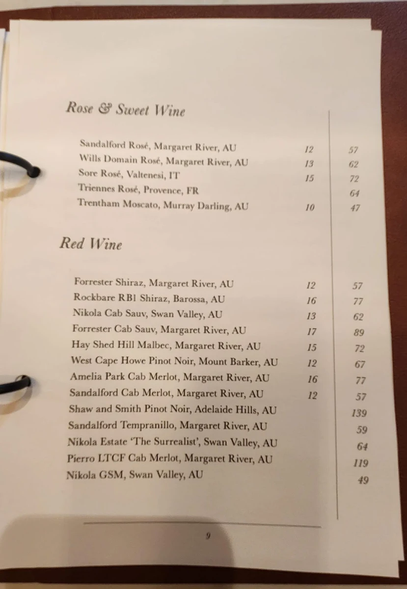 Menu, Hillarys Beach Club