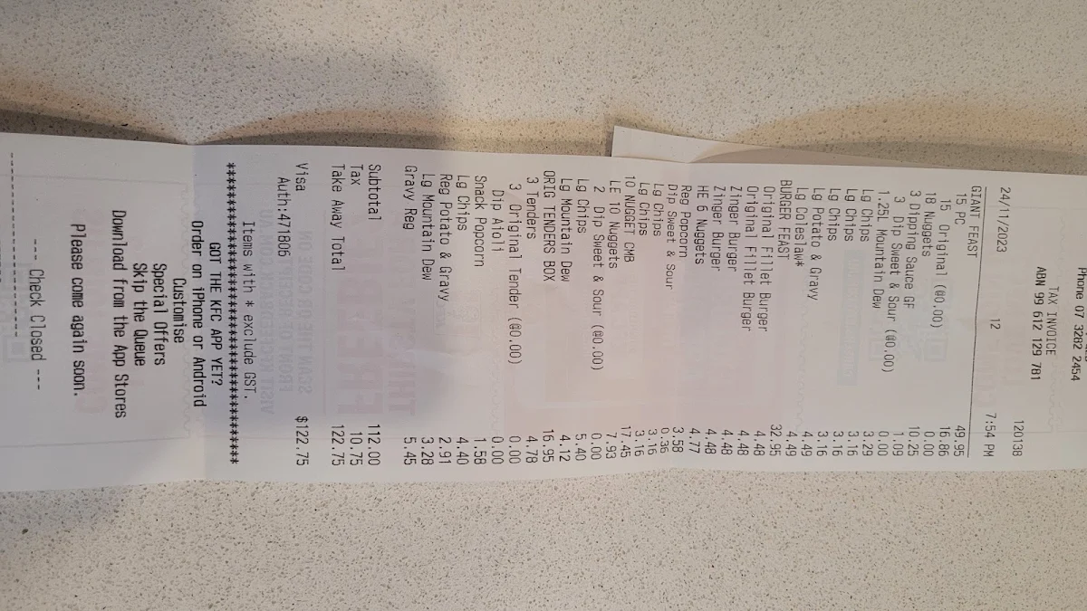 Menu, KFC Booval