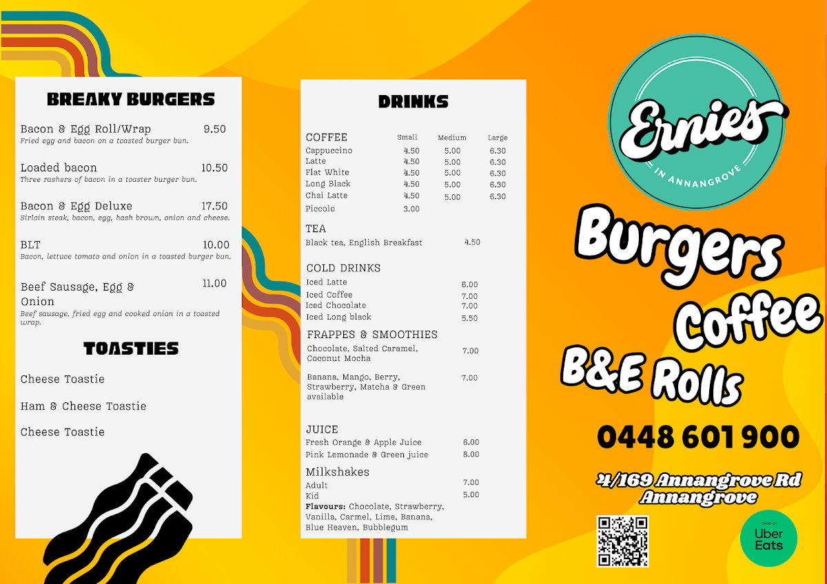 Menu, Ernies In Annangrove