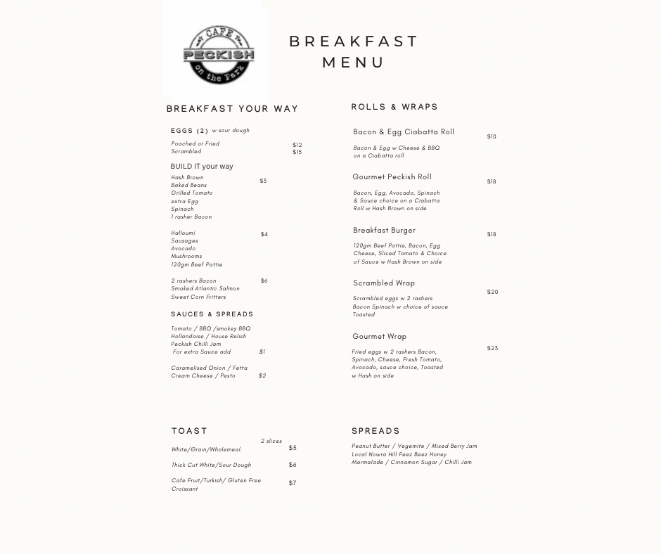 Menu, Peckish on the Park