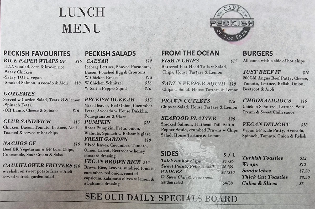 Menu, Peckish on the Park