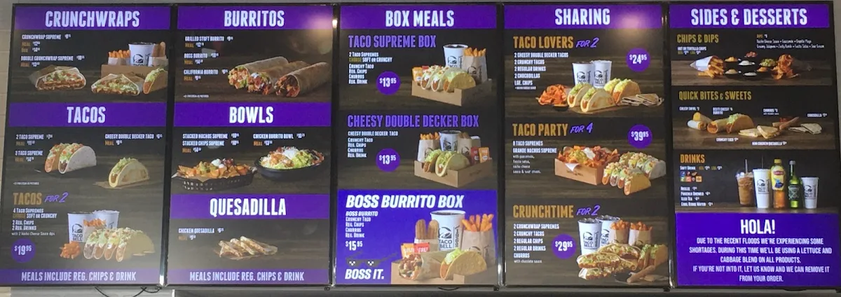 Menu, Taco Bell Blacktown Sports Park
