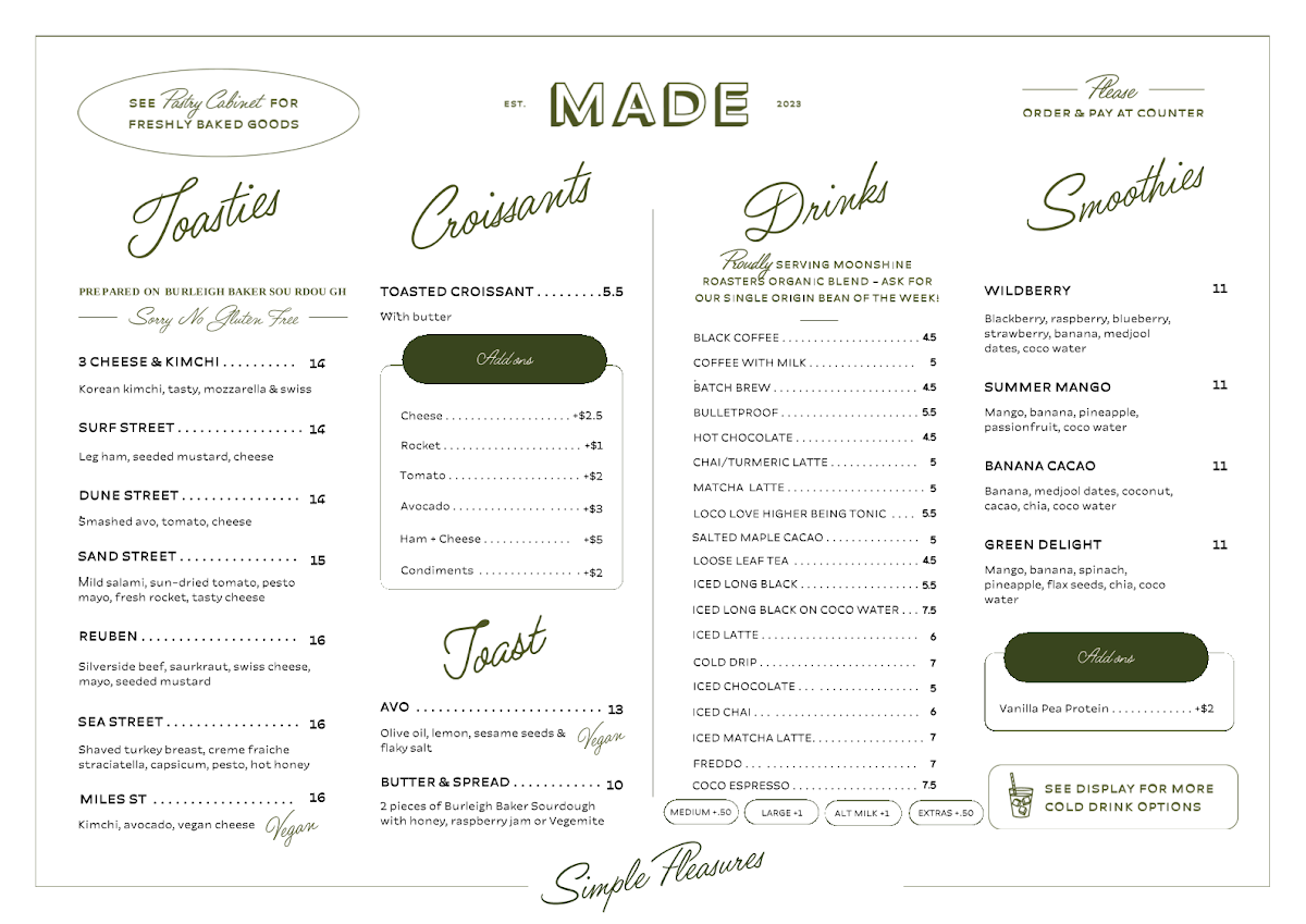 Menu, MADE - Kirra
