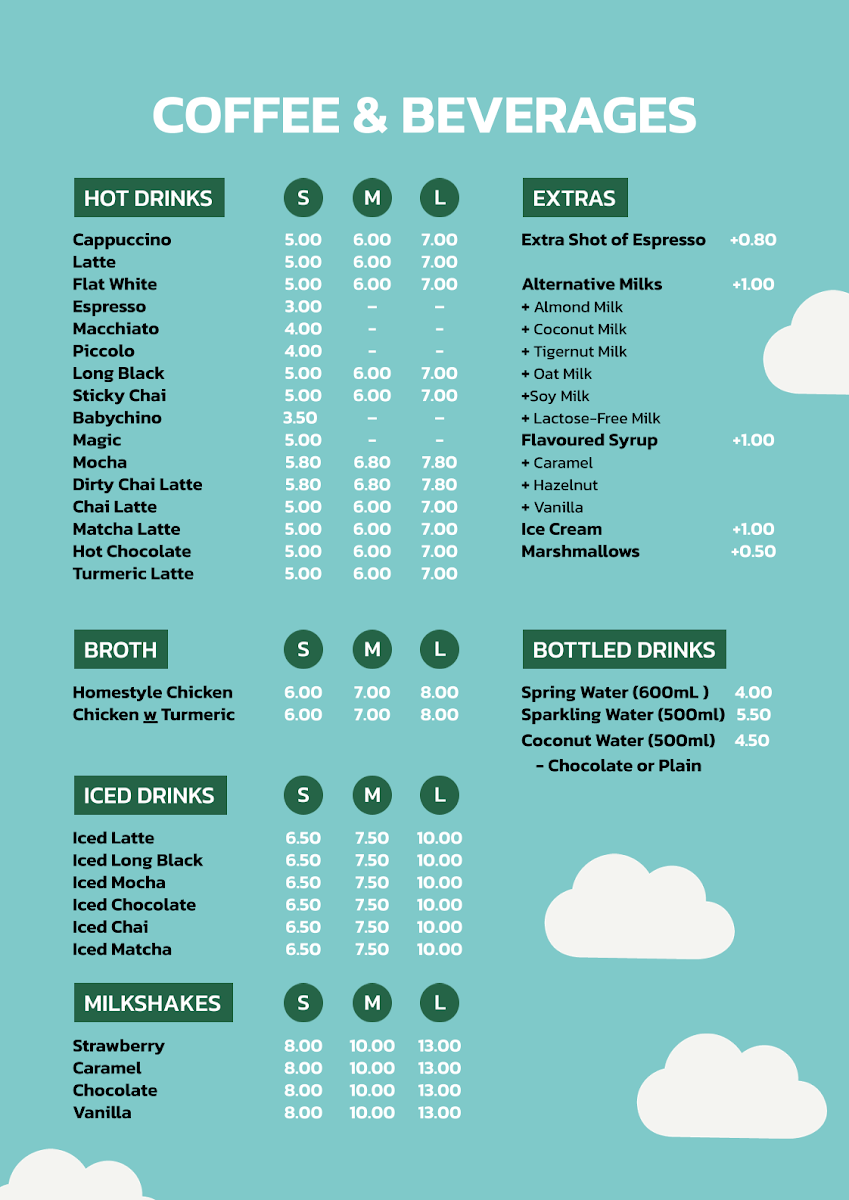 Menu, Mountain Juice & Coffee (Juice, Coffee, Smoothies & Snacks)