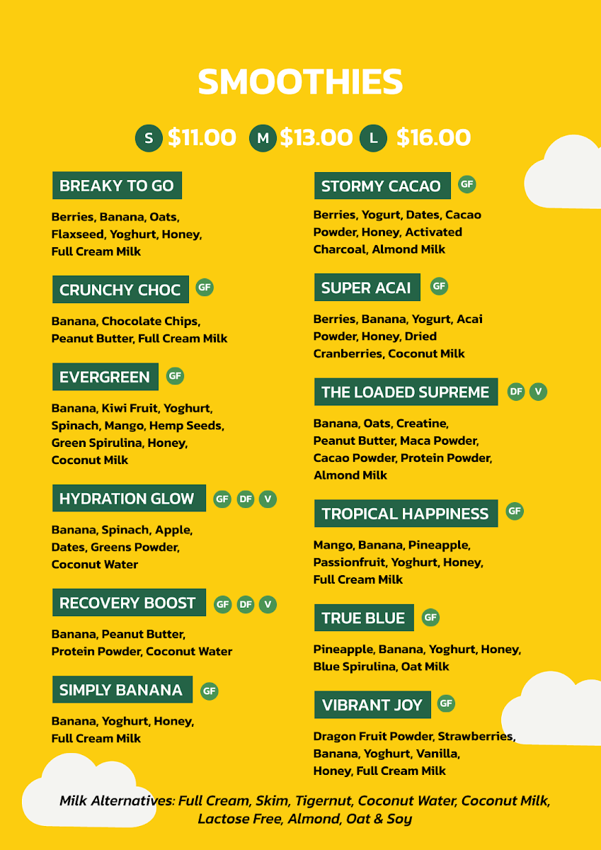 Menu, Mountain Juice & Coffee (Juice, Coffee, Smoothies & Snacks)