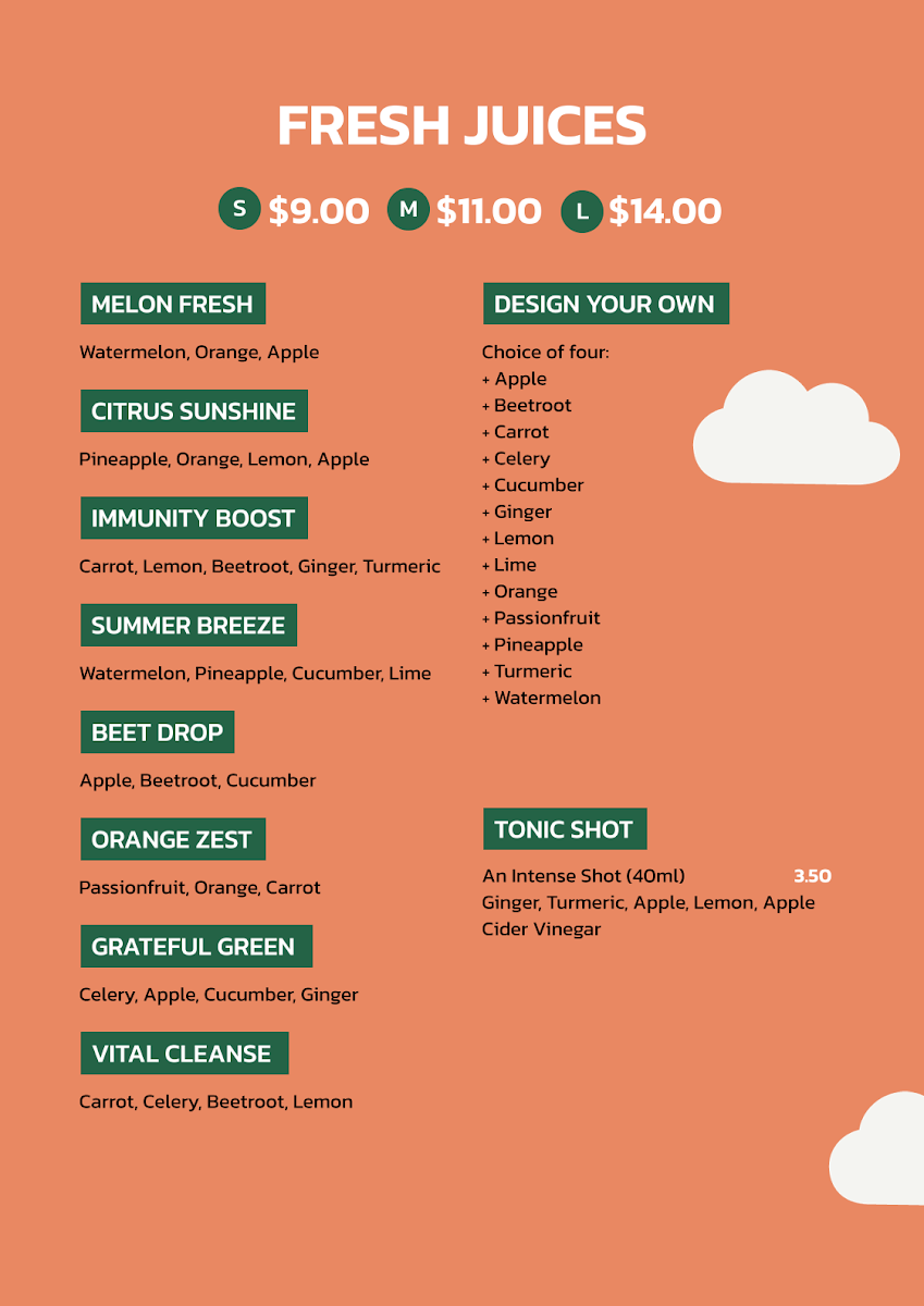 Menu, Mountain Juice & Coffee (Juice, Coffee, Smoothies & Snacks)