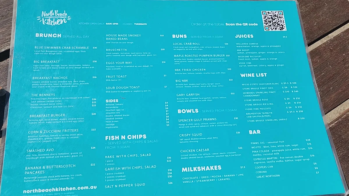 Menu, North Beach Kitchen