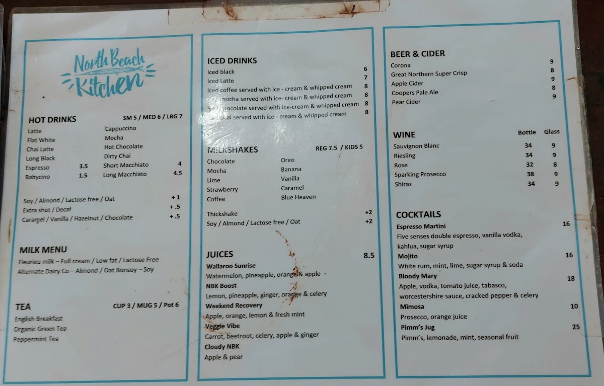 Menu, North Beach Kitchen