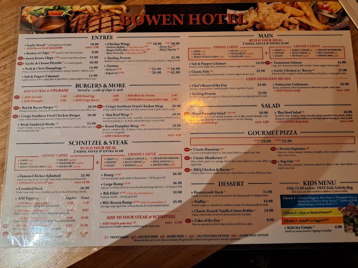 Menu, Bowen Hotel