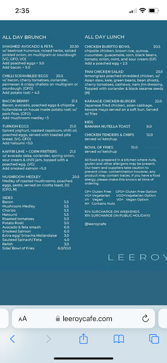 Menu, Leeroy