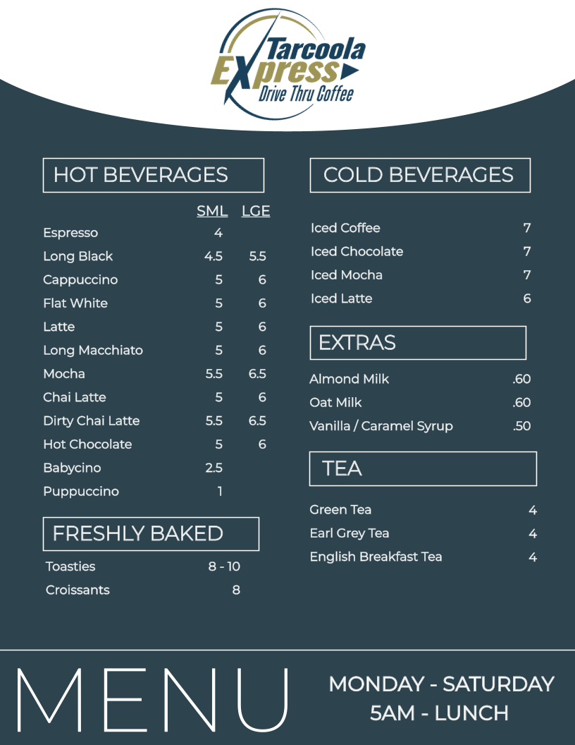Menu, Tarcoola Express
