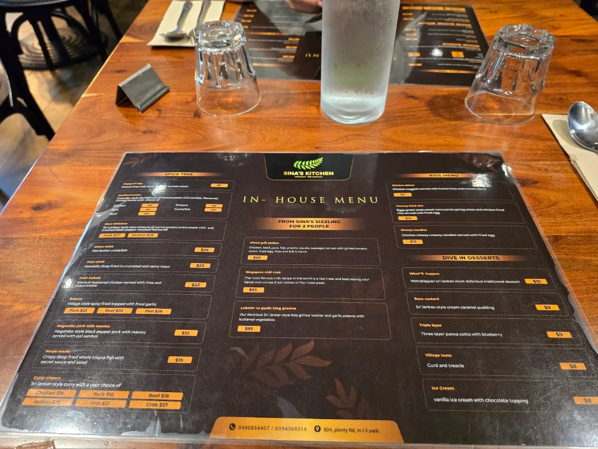 Menu, Sina’s Kitchen