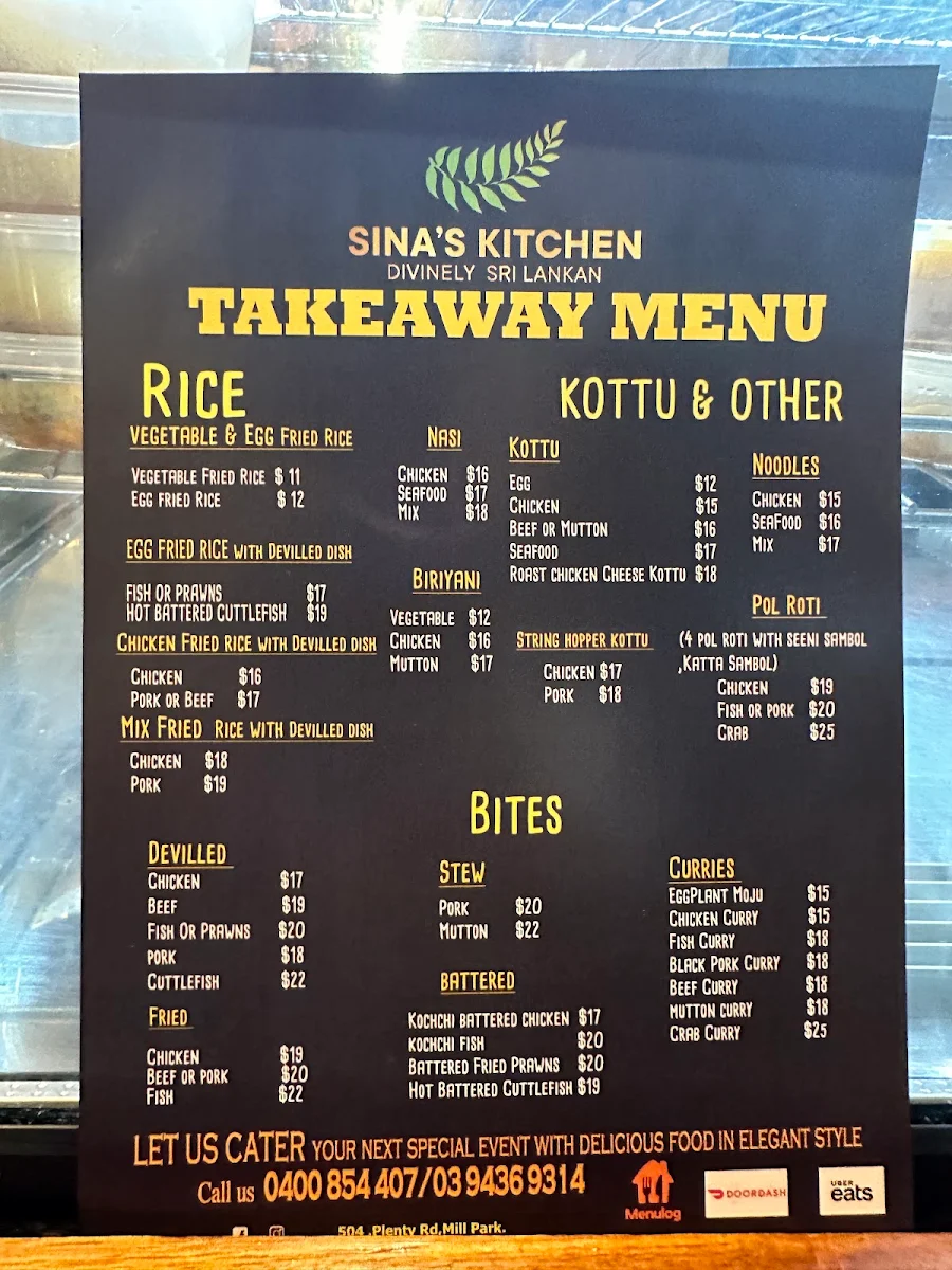 Menu, Sina’s Kitchen