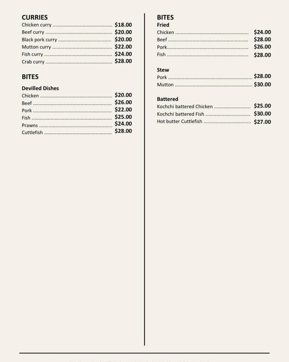 Menu, Sina’s Kitchen