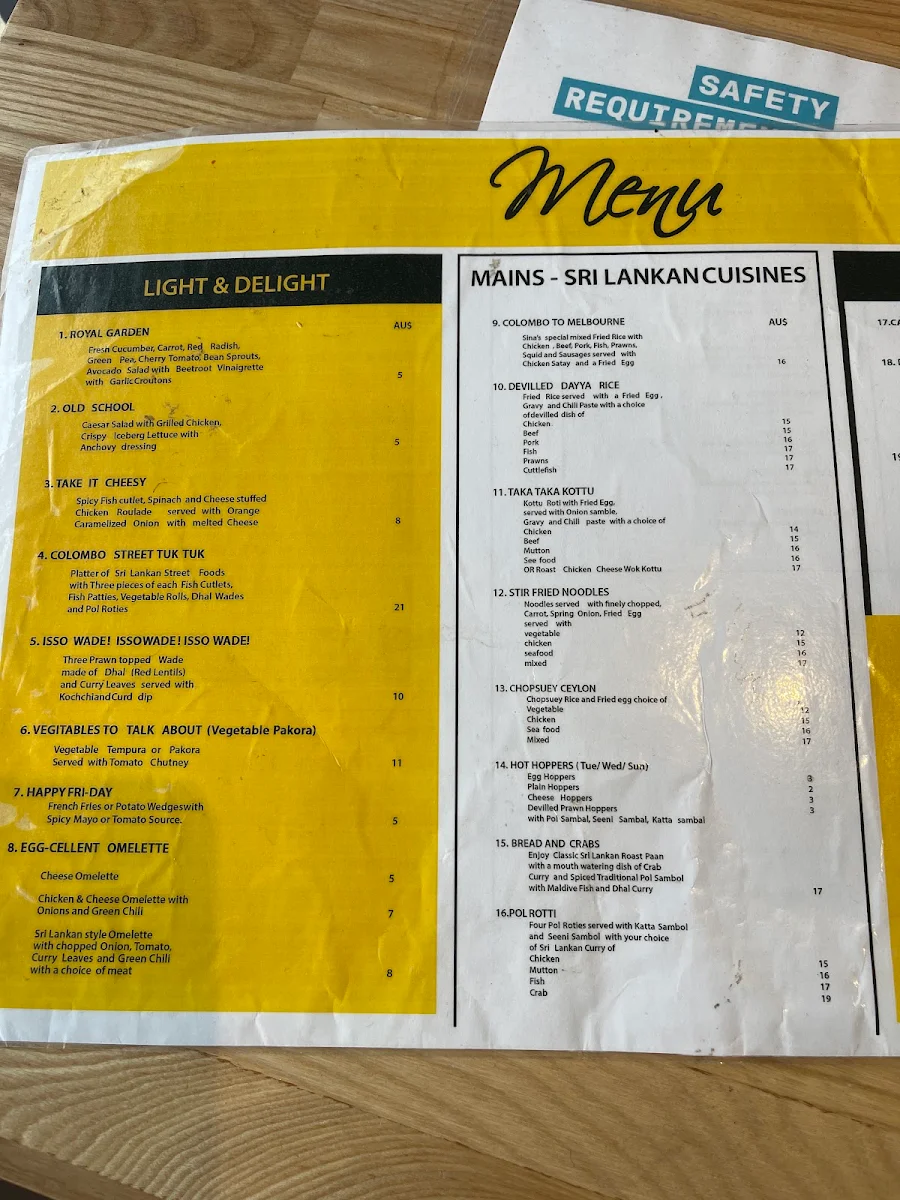 Menu, Sina’s Kitchen