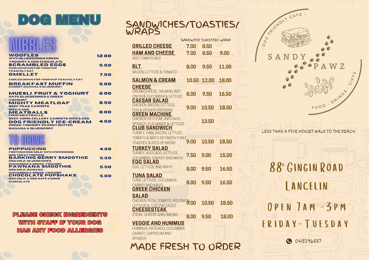 Menu, Sandy Pawz Dog Cafe