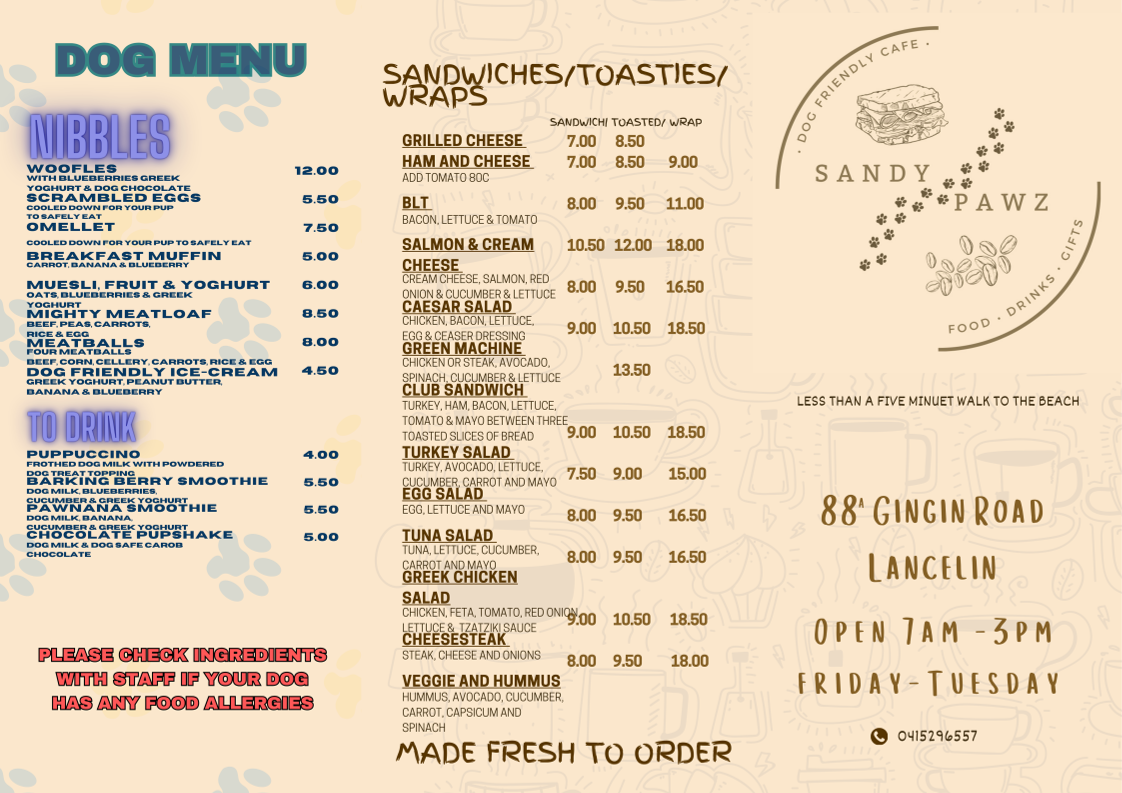 Menu, Sandy Pawz Dog Cafe