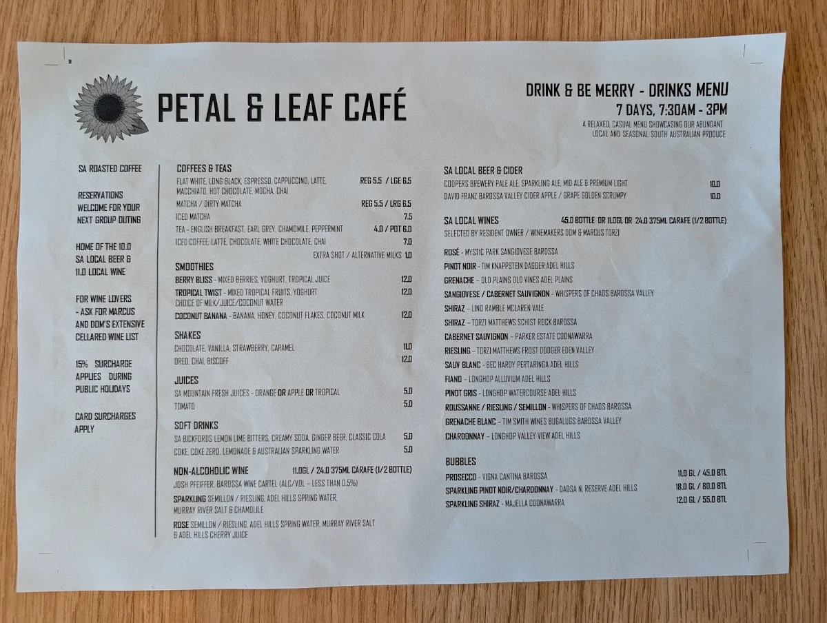 Menu, Petal and Leaf Cafe