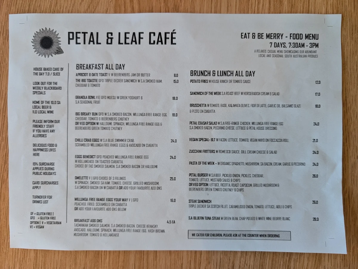 Menu, Petal and Leaf Cafe