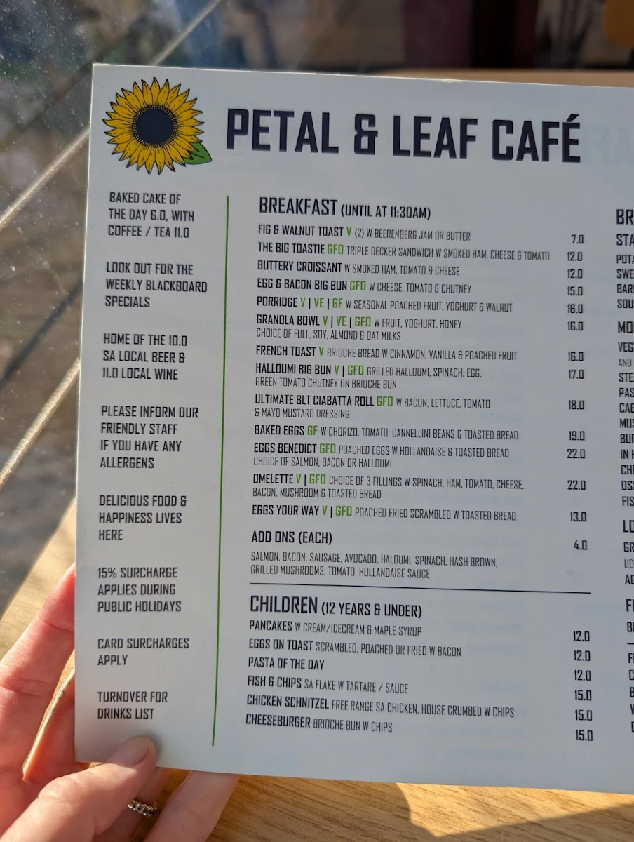 Menu, Petal and Leaf Cafe