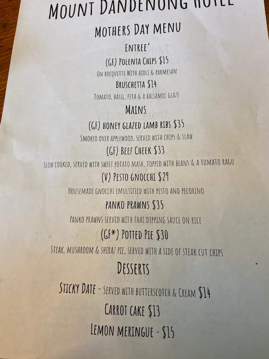 Menu, Mount Dandenong Hotel