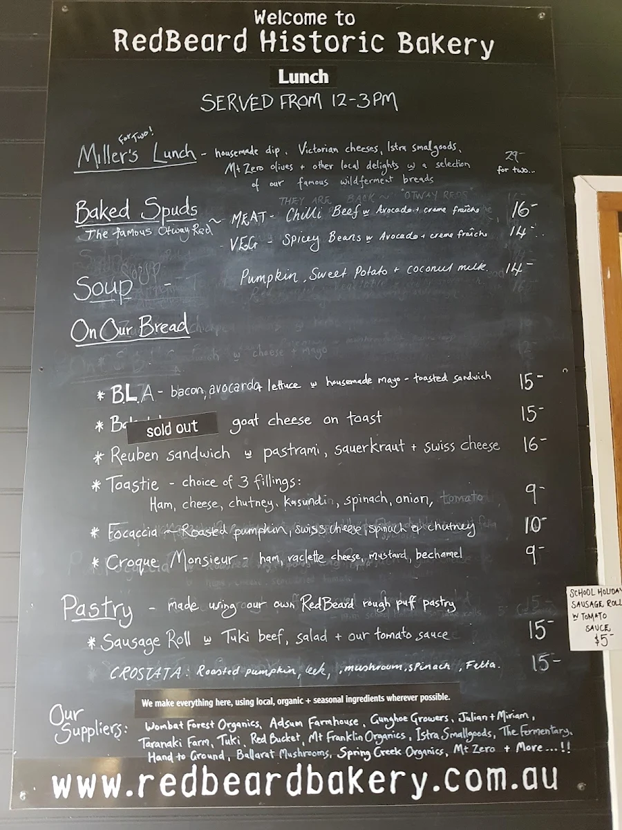 Menu, RedBeard Historic Bakery