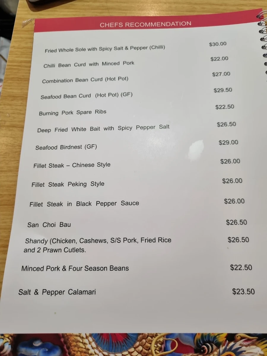 Menu, TREASURE HOUSE