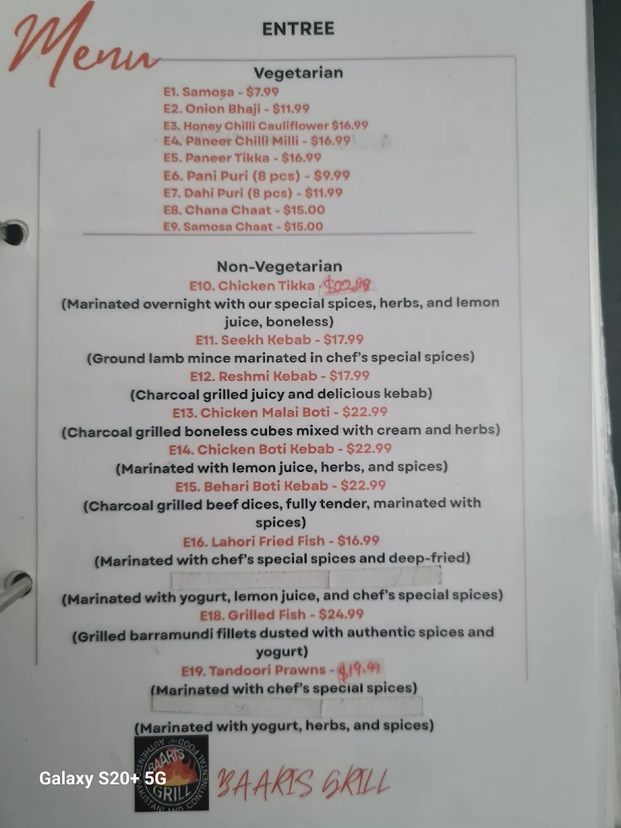 Menu, Baaris Grill