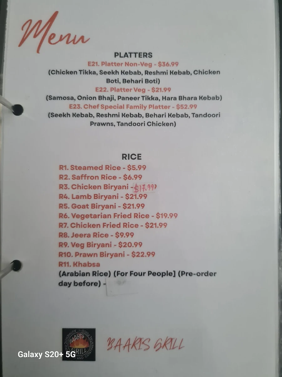 Menu, Baaris Grill