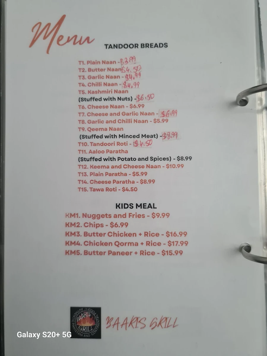 Menu, Baaris Grill