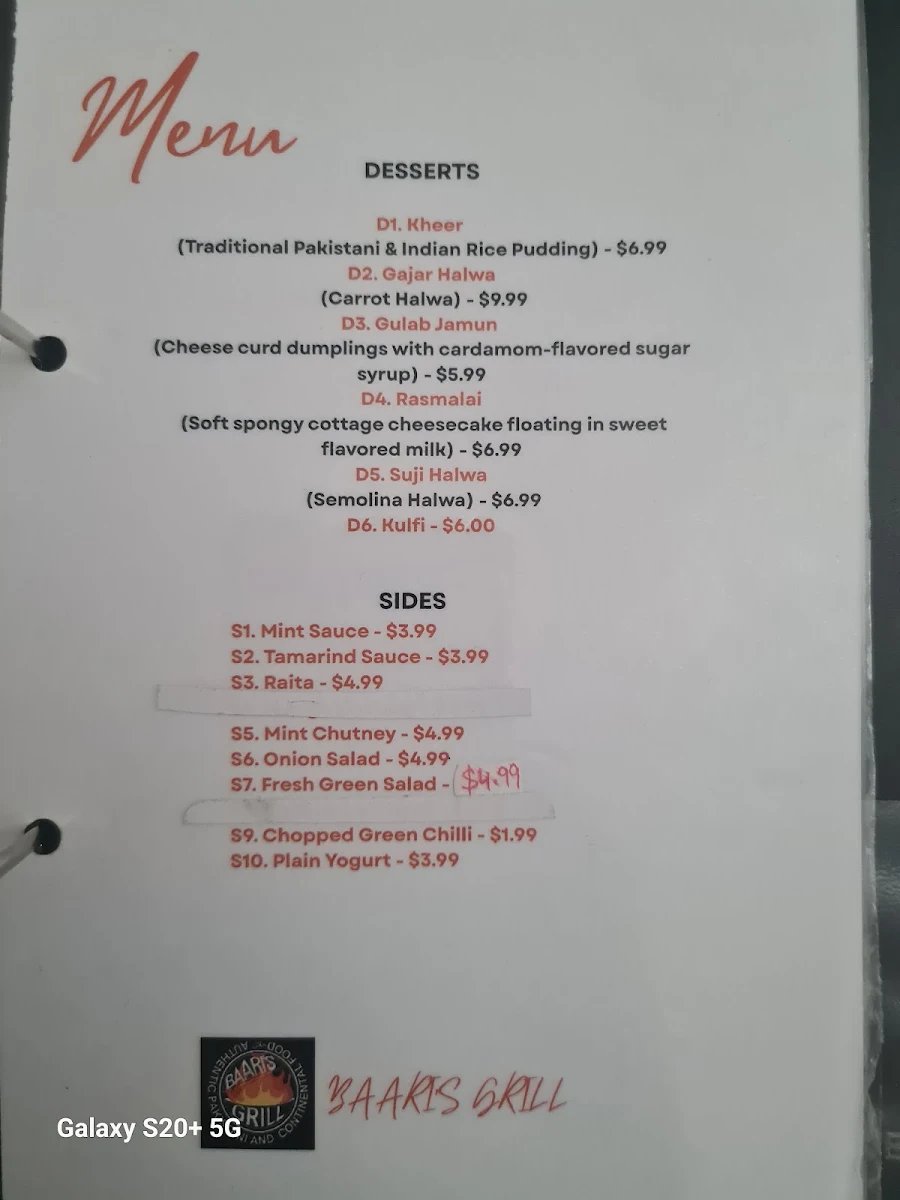 Menu, Baaris Grill