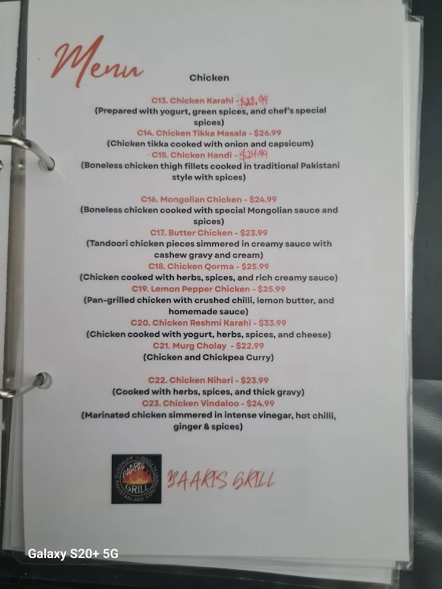 Menu, Baaris Grill
