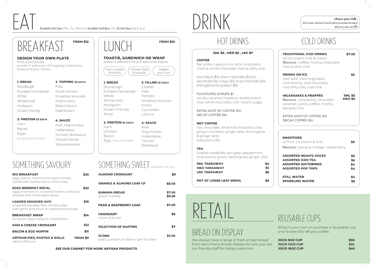 Menu, Baker & Barista