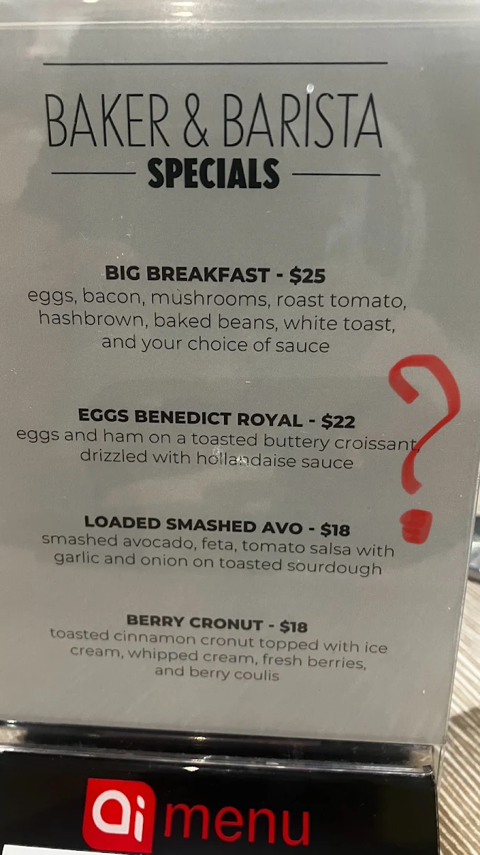 Menu, Baker & Barista