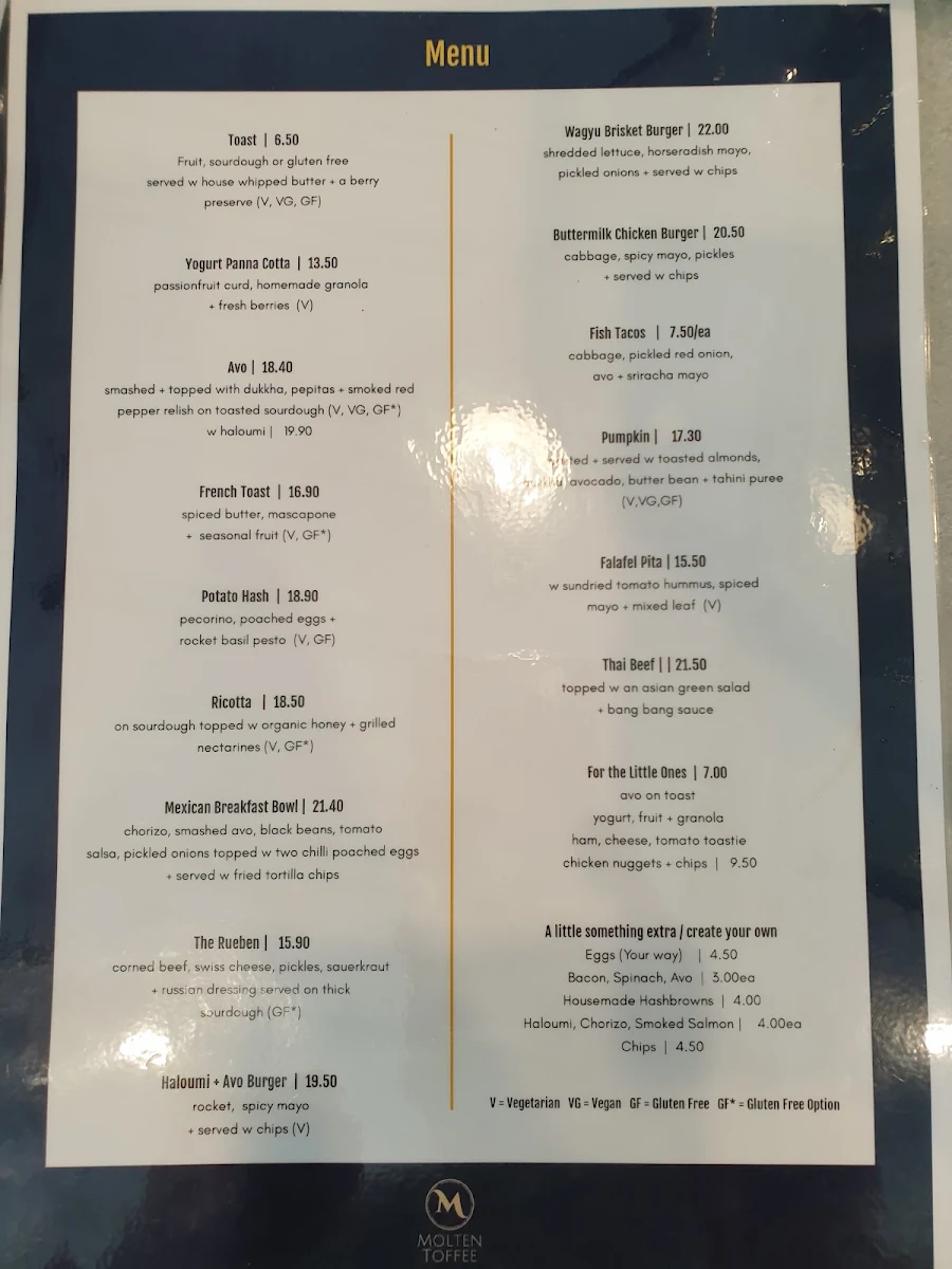 Menu, Molten Toffee