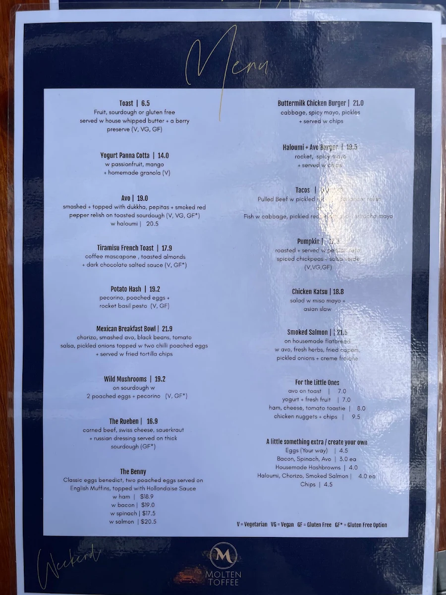 Menu, Molten Toffee