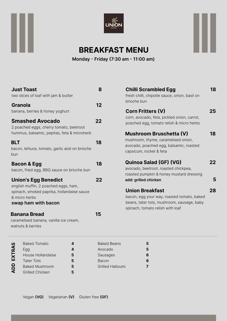 Menu, Union Hotel - Best Pub in Adelaide CBD