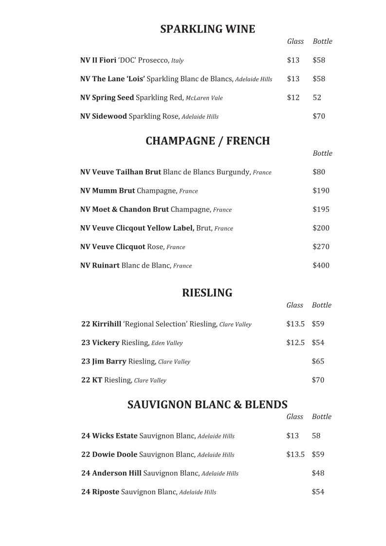 Menu, Union Hotel - Best Pub in Adelaide CBD