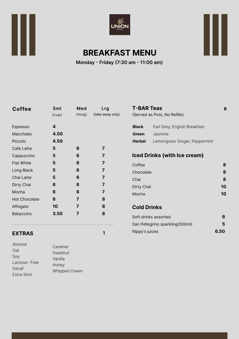 Menu, Union Hotel - Best Pub in Adelaide CBD