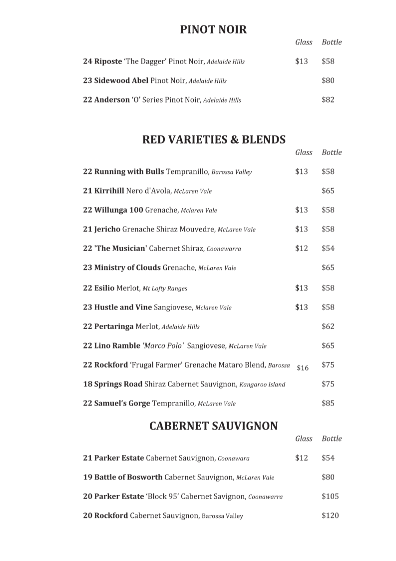 Menu, Union Hotel - Best Pub in Adelaide CBD