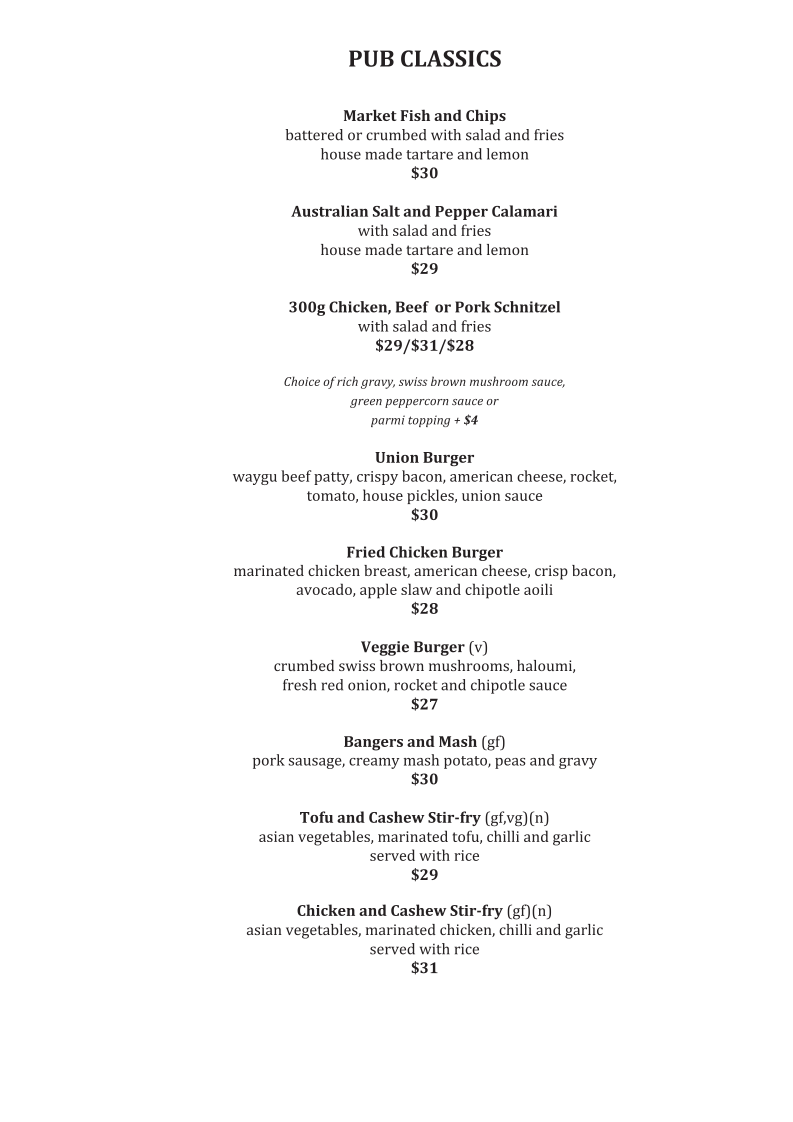 Menu, Union Hotel - Best Pub in Adelaide CBD